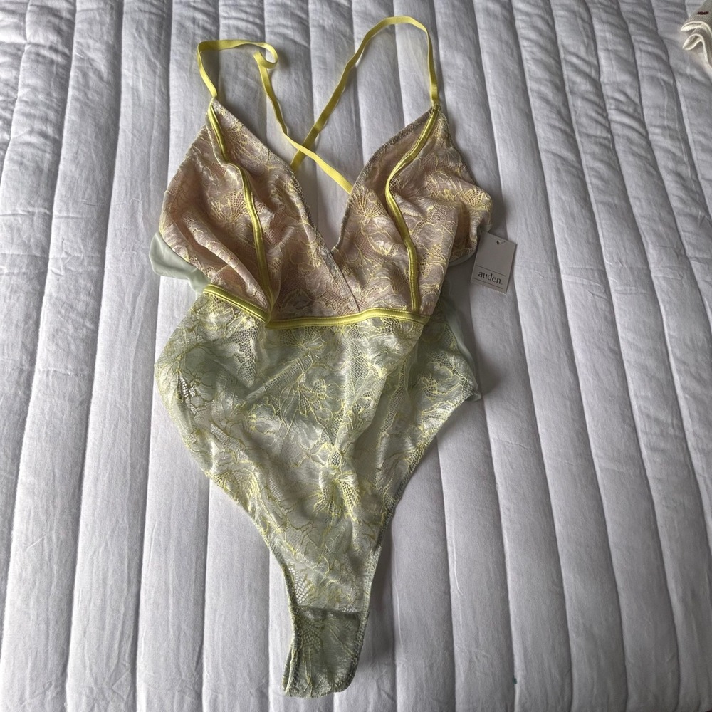 Auden Women's Lace Bodysuit Pink Light Green Yellow Strappy Plunging Neck Size M